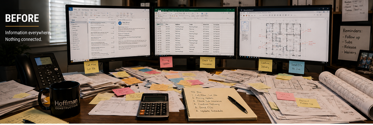 Busy production trade office desk with multiple monitors, plans, purchase orders, notes, and paperwork
